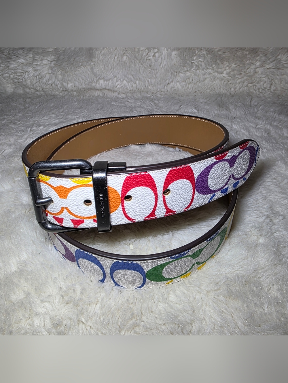 Coach Rainbow Pride Signature Reversible Belt Leather Chalk Multi 42 C4153 NWOT - Picture 2 of 9
